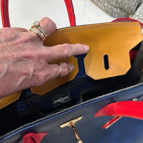 Angelo Carbotti Italian leather satchel handbag Red Gold Blue Crossbody 35cm - Picture 11 of 14